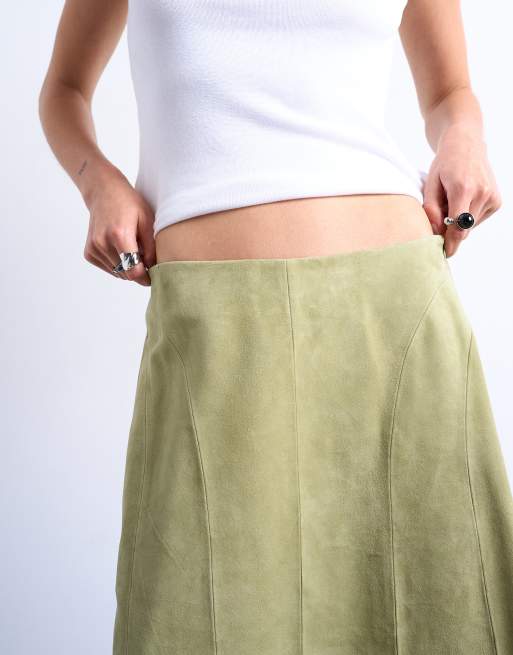 Falda midi verde aguacate con diseño de paneles de ante auténtico de Topshop, 3 de 5