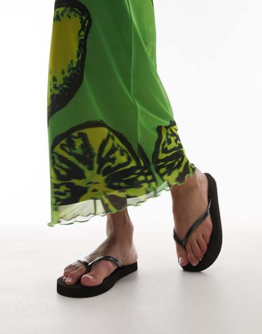 Falda midi verde de malla con estampado de limones y ribete de puntilla de Topshop , 3 de 4