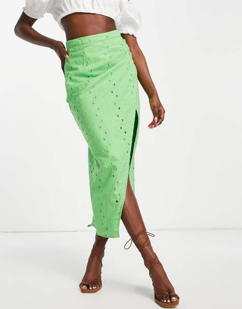 Falda midi verde luminoso con diseño bordado, abertura lateral y detalle fruncido de ASOS DESIGN - view 1