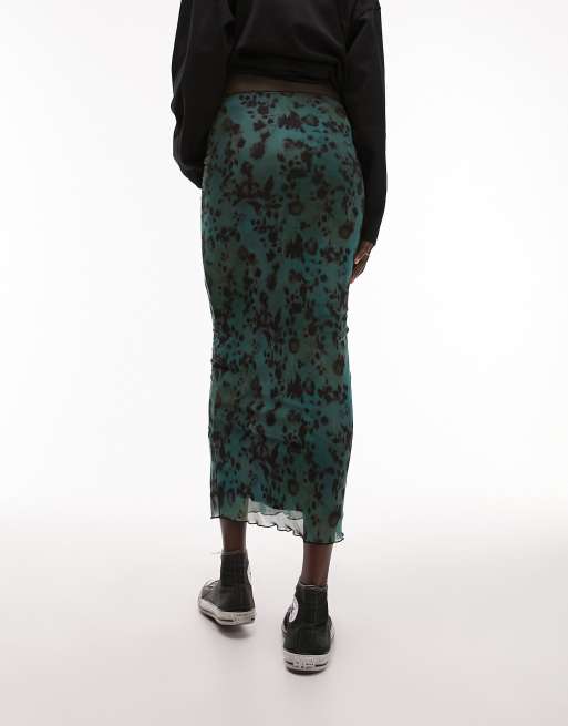 Falda midi verde oscuro con estampado floral de malla de Topshop Tall , 4 de 4