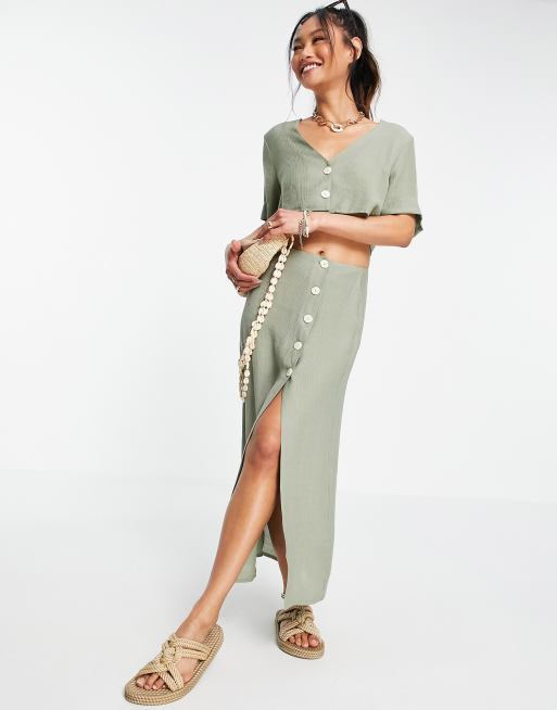 Falda midi verde salvia con botones en la parte delantera de ASOS DESIGN (parte de un conjunto)