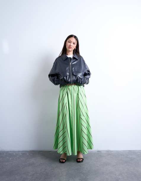 Falda midi verde y amarilla a rayas de corte amplio con cintura elástica de popelina de Topshop - view 1