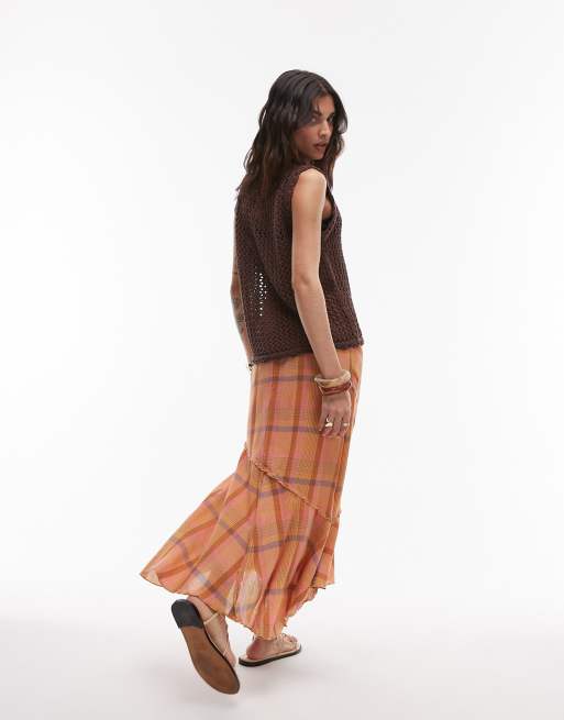 Topshop cutabout laundered skirt in orange check