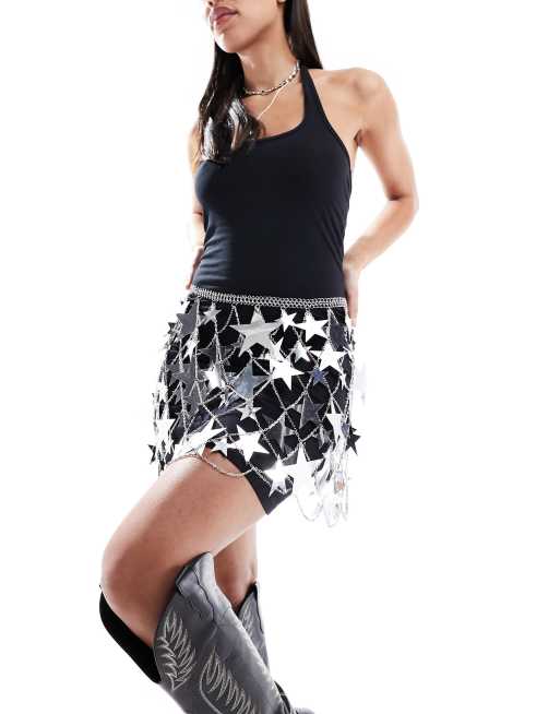 Falda plateada para festivales de lentejuelas en forma de estrella de South Beach