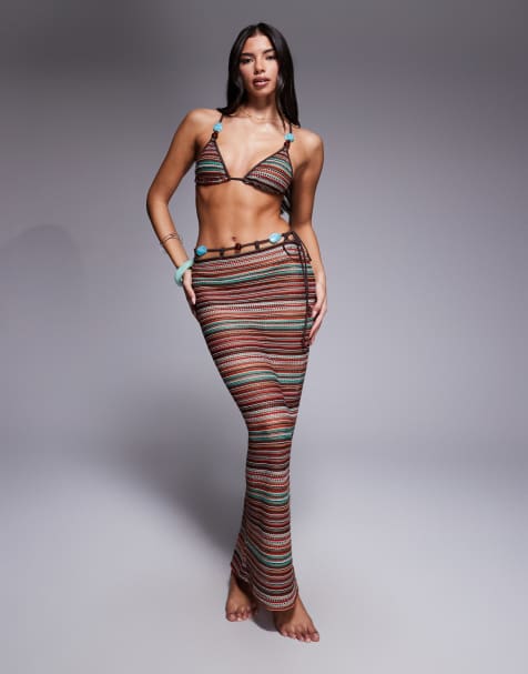 Falda playera larga a rayas marrón chocolate de croché River de ASOS DESIGN - view 1