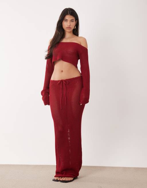 Falda playera larga burdeos con lazada en la cintura de croché calado de Aria Cove (parte de un conjunto), 5 de 6