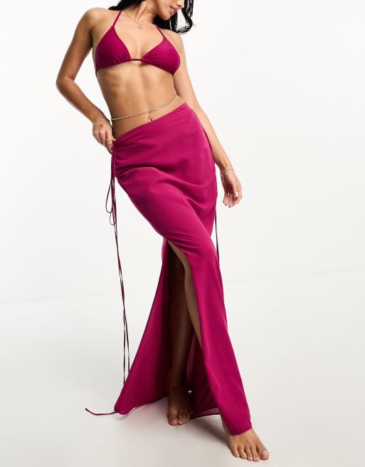 Falda playera larga color ciruela con lazada lateral de tejido transparente de Aria Cove (parte de un conjunto)