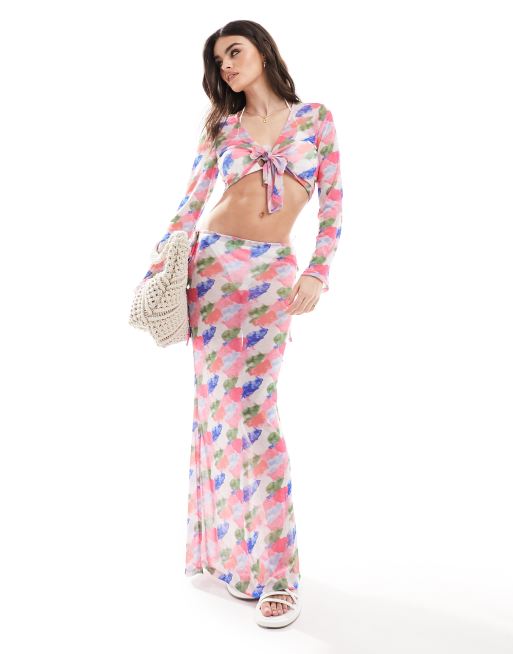 Falda playera larga con estampado desdibujado efecto acuarela de malla de Vero Moda (parte de un conjunto)