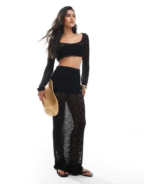 Falda playera larga negra de croché de Miss Selfridge - view 1