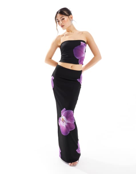 Falda recta larga negra con estampado floral morado de Kaiia (parte de un conjunto) - view 1