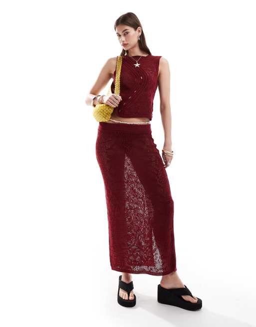 Falda semilarga burdeos con detalle de jacquard de punto de ASOS DESIGN (parte de un conjunto)