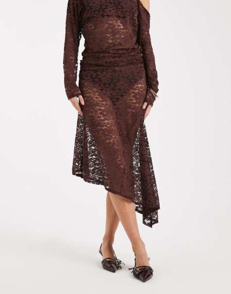 Falda semilarga marrón chocolate de encaje de COLLUSION - view 1