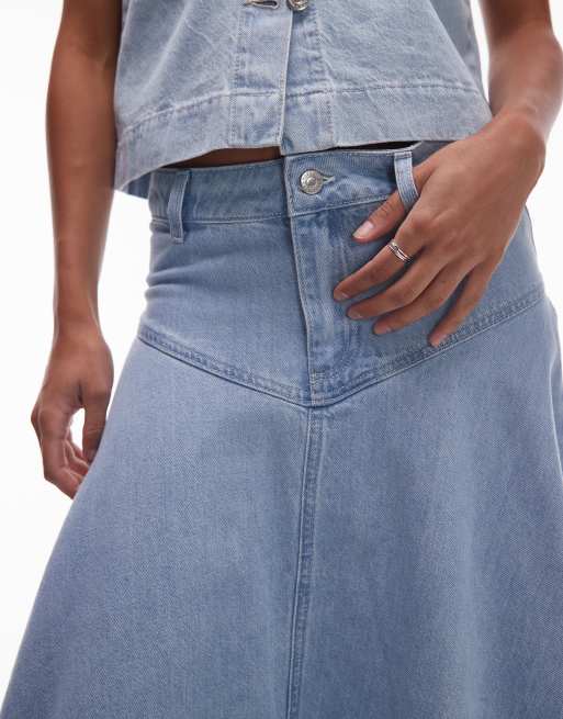 Falda vaquera larga descolorida con canesú en la parte delantera de Topshop, 5 de 5