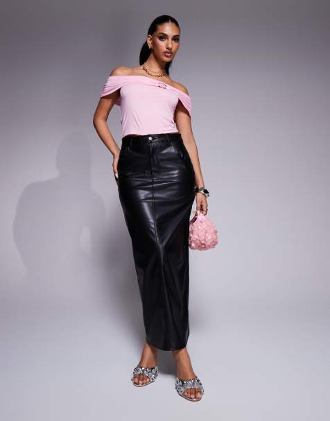 Falda vaquera larga negra con abertura trasera de cuero sintético de ASOS DESIGN - view 1