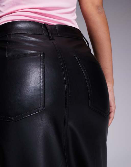 Falda vaquera larga negra con abertura trasera de cuero sintético de ASOS DESIGN, 5 de 5