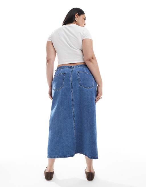 Falda vaquera midi azul medio con abertura delantera de ONLY Curve, 2 de 5