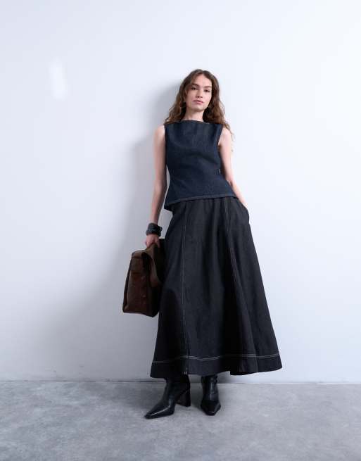 Falda vaquera midi negro lavado de corte amplio con detalle de costuras de Topshop