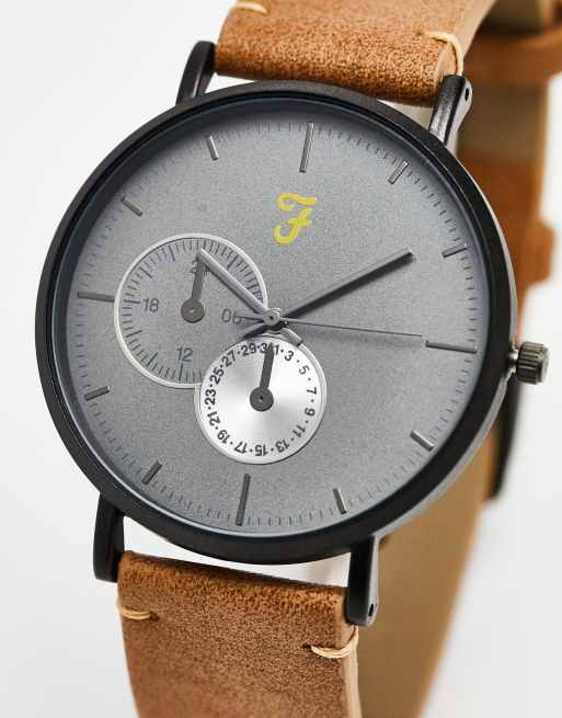 Fara - Horloge met smalle band en meerdere wijzerplaten in bruin