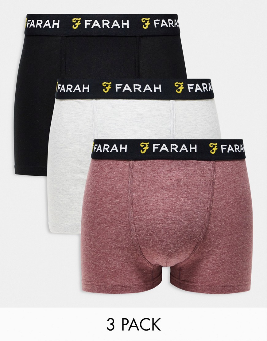 Farah 3 pack boxers in black grey burgundy marl