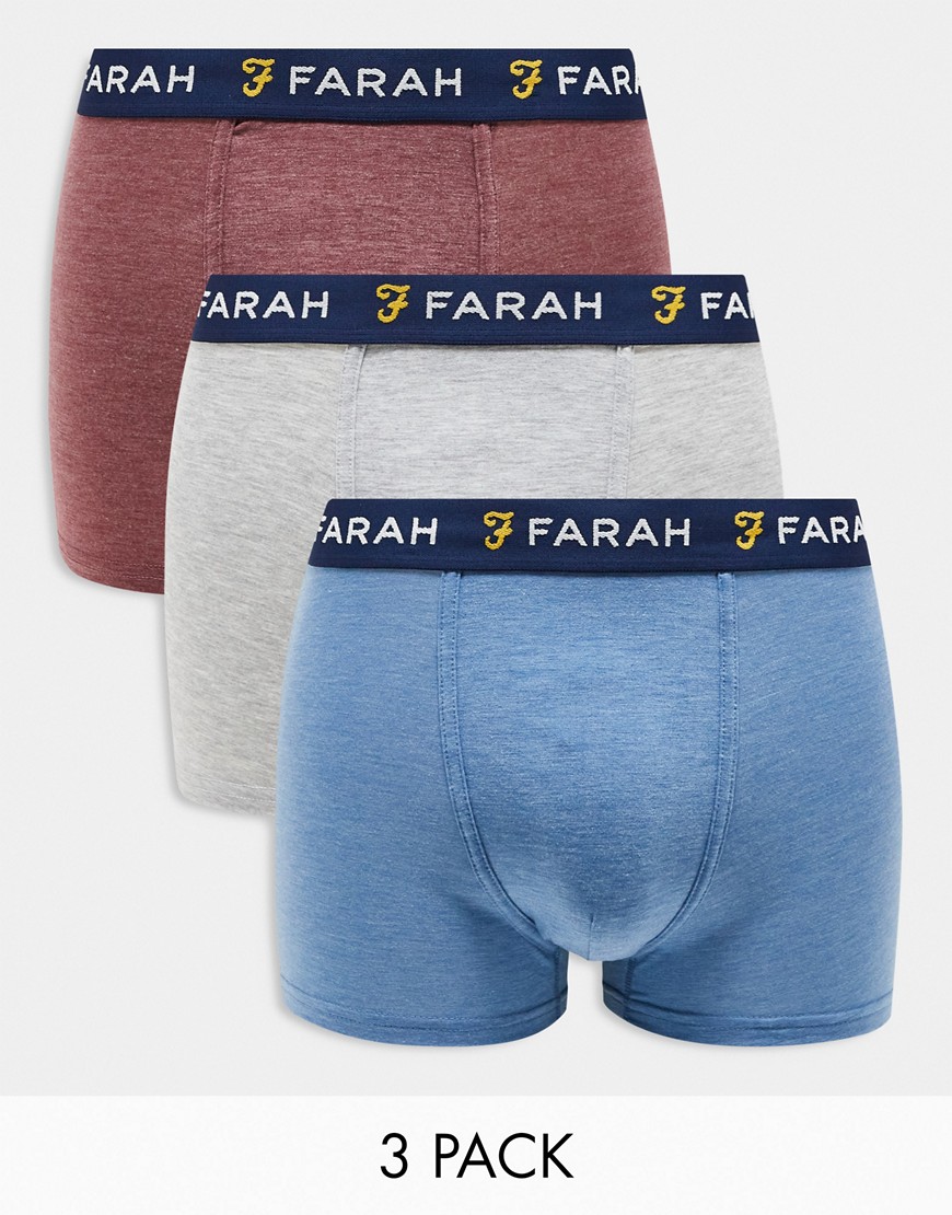 Farah 3 pack boxers in denim, grey and burgundy marl-Multi