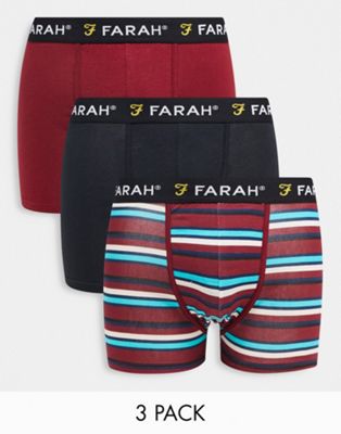 Farah 3 pack boxers with logo waist in burgundy, stripes and black