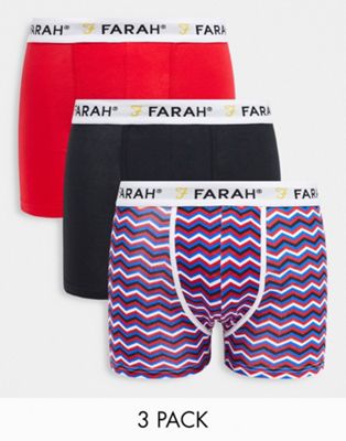 Farah 3 pack boxers with logo waist in stripes, black and red