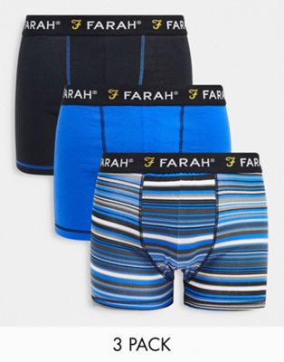 Farah 3 pack boxers with logo waist in stripes, cobalt and black