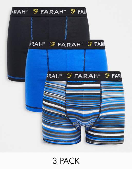 Farah 3 pack boxers with logo waist in stripes, cobalt and black