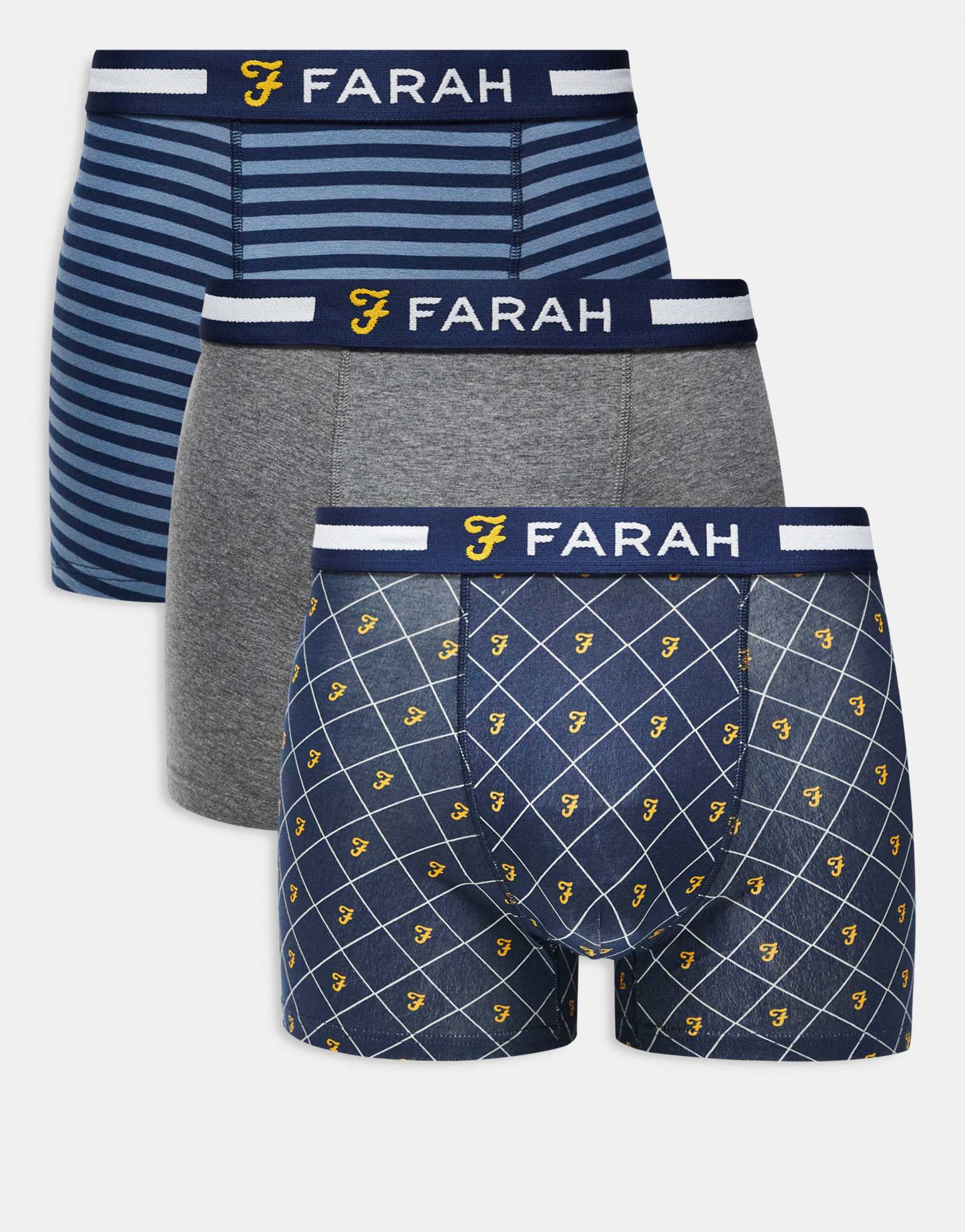 Боксеры Farah из 3-х комплектов с жаккардовым поясом и логотипом в темно-синюю, угольную и полосатую расцветки