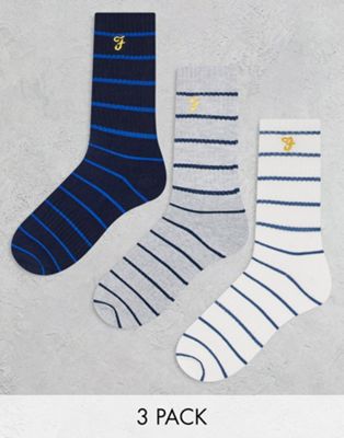 Farah 3 pack socks with stripes in black white and grey