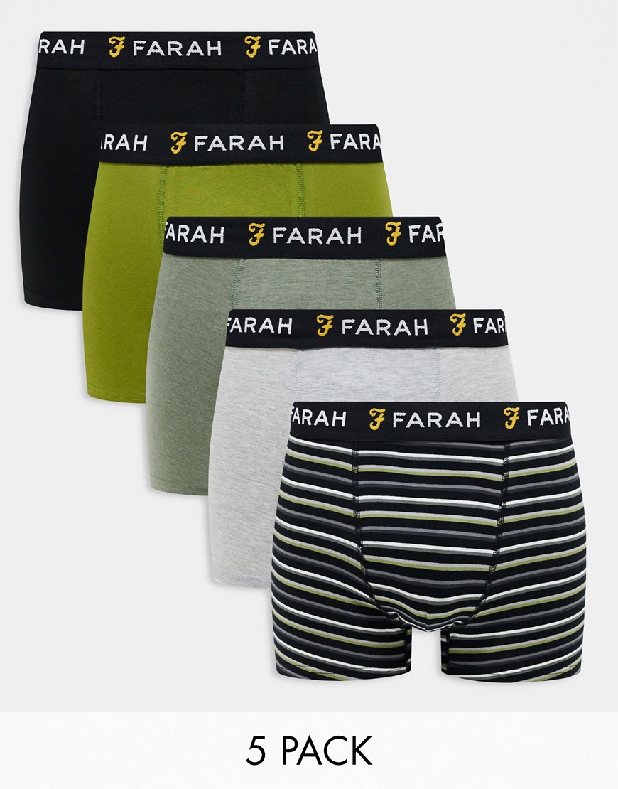 Farah 5 pack boxers in black, khaki marl, grey marl, moss green and multi stripe