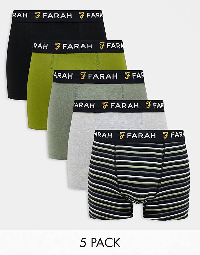 Farah - 5 pack boxers in black, khaki marl, grey marl, moss green and multi stripe