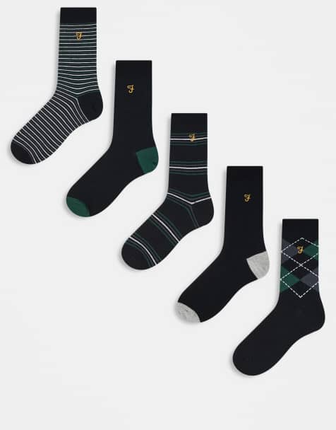 Farah 5 pack dress logo socks in black argyle, stripe and plain - view 1