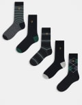 [Farah] Farah 5 pack dress logo socks in black argyle, stripe and plain One Size Black print