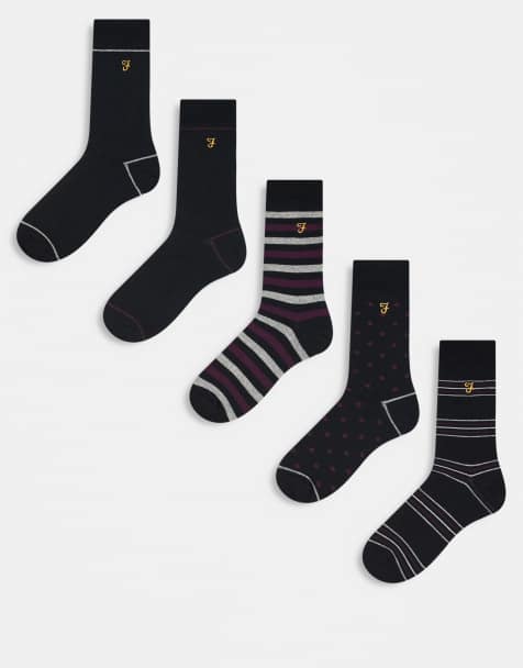 Farah 5 pack dress logo socks in black stripe and plain - view 1