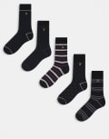 [Farah] Farah 5 pack dress logo socks in black stripe and plain One Size Black print