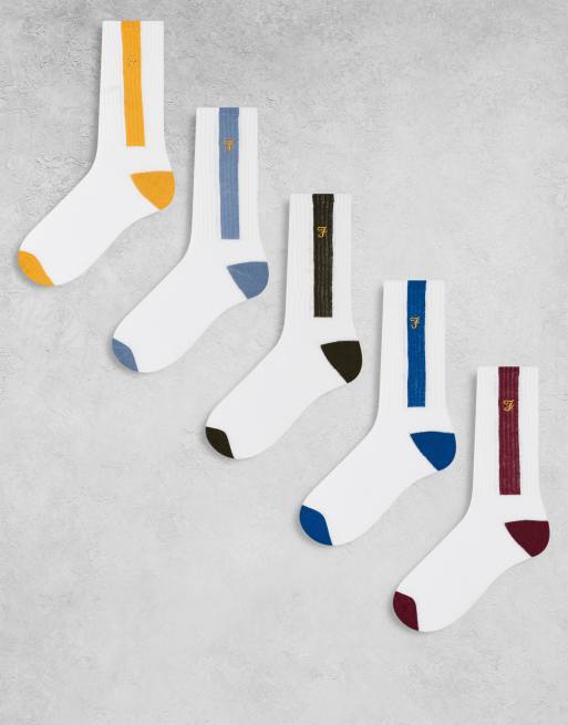 Farah 5-pack sports logo socks in multi colorblock/white