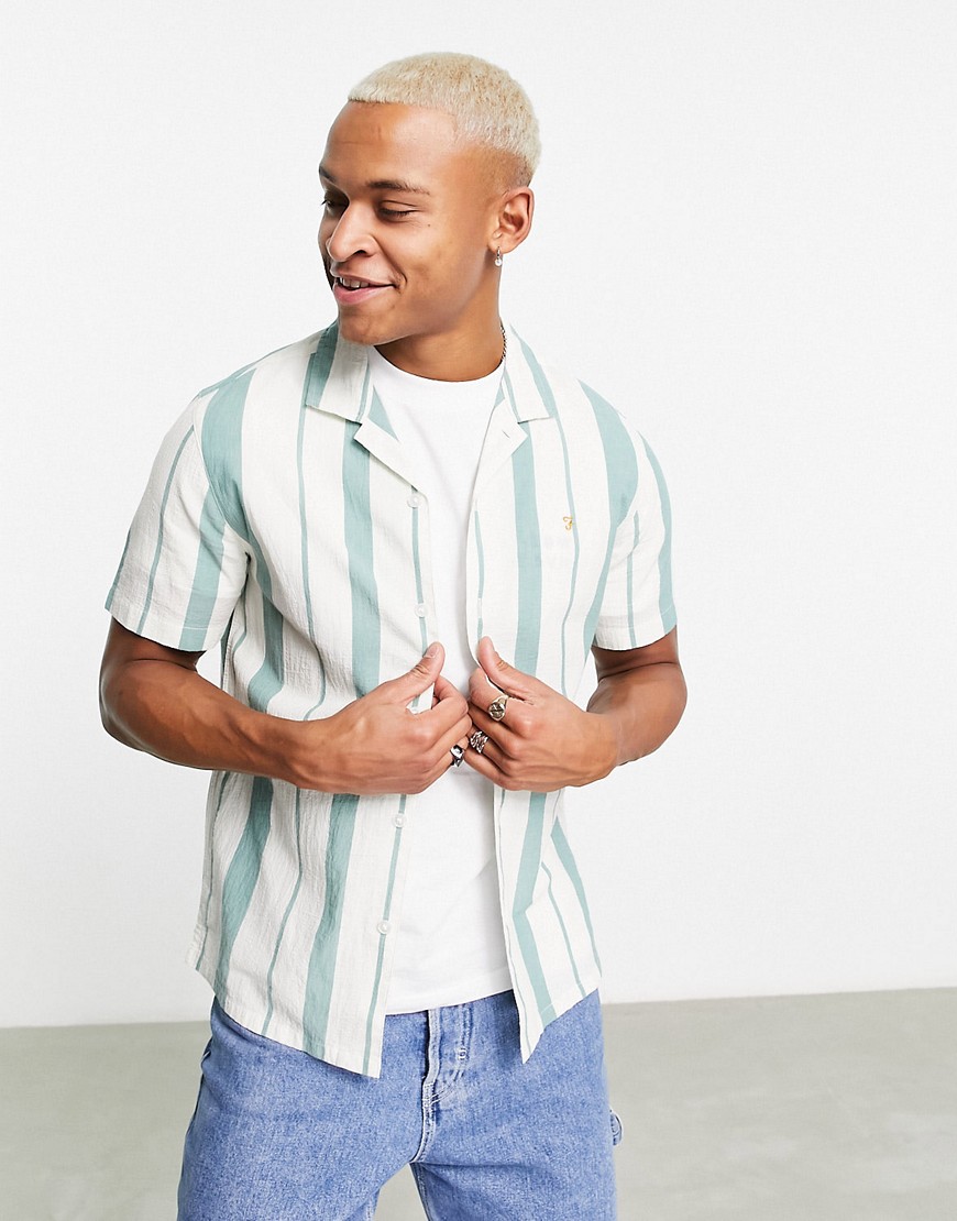 Adler revere collar short sleeve stripe shirt in white and green
