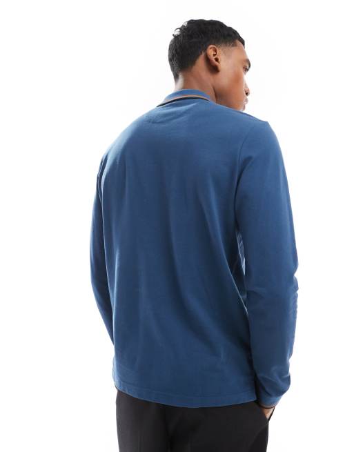 Farah - Alvin - Polo a maniche lunghe blu con colletto a contrasto, 4 di 4