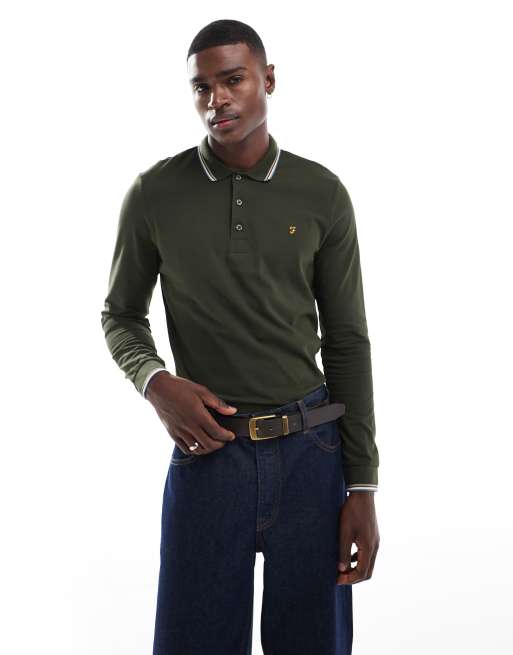 Farah - Alvin - Polo a maniche lunghe kaki con righe a contrasto sui bordi