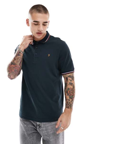 Farah - Alvin - Polo met korte mouwen en gekleurd randje in marineblauw - view 1