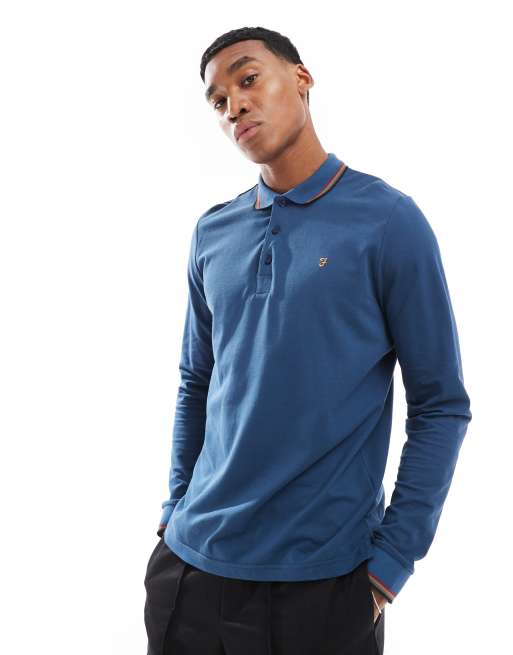 Farah - Alvin - Polo met lange mouwen en gekleurd randje in blauw