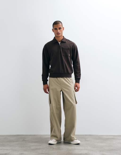 Farah Bellvue half zip garment dye pocket logo polo in dark brown, 2 of 5