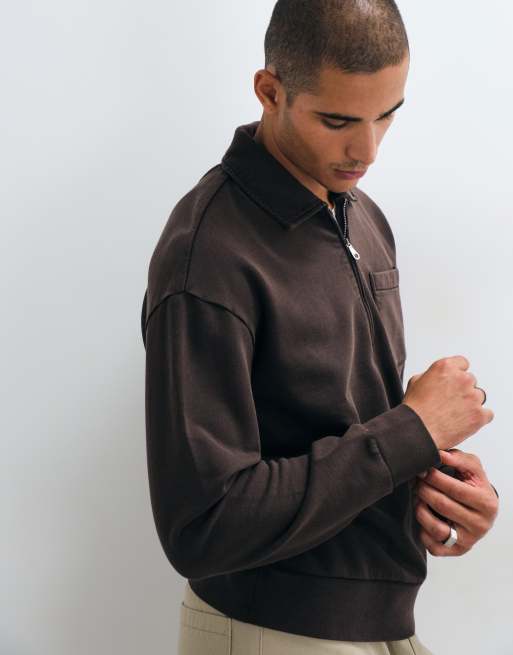 Farah Bellvue half zip garment dye pocket logo polo in dark brown, 4 of 5