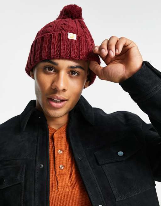 Farah - Berretto in maglia a trecce bordeaux con logo e pompon