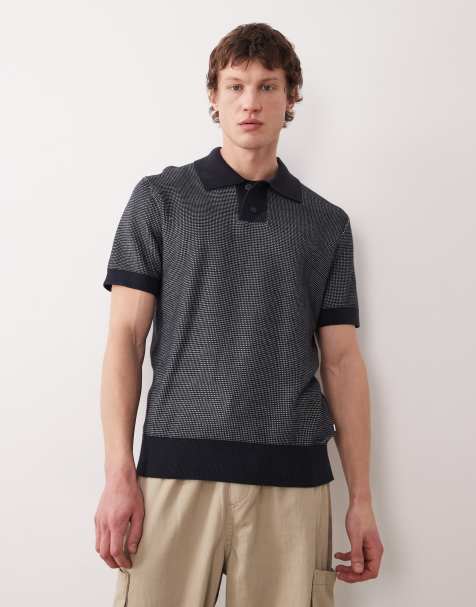 Farah Birch short sleeve knitted logo polo shirt in navy