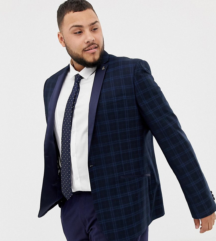 Farah Birsthwith party skinny blazer in check with satin lapel-Navy