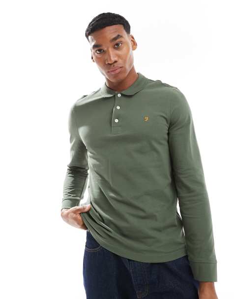 Farah blanes long sleeve polo in khaki green