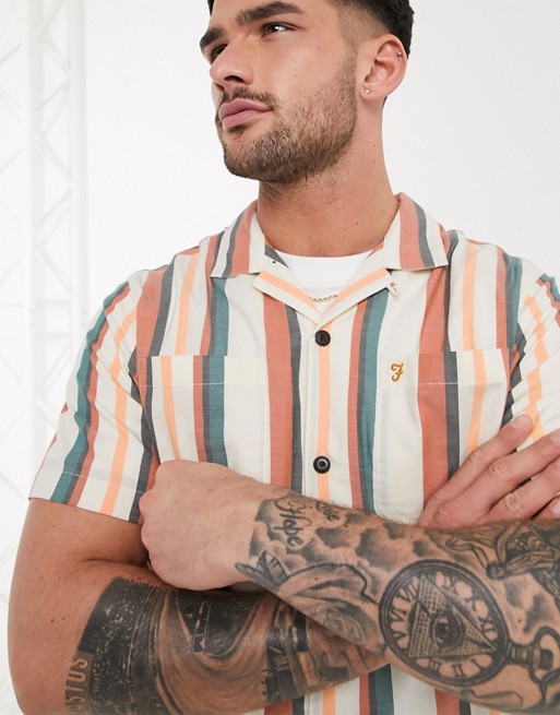 Farah Bloomfield short sleeve striped shirt in white and orange