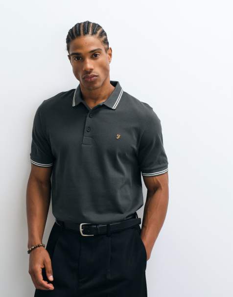 Farah Bowes short sleeve tipped logo polo in washed black - view 1